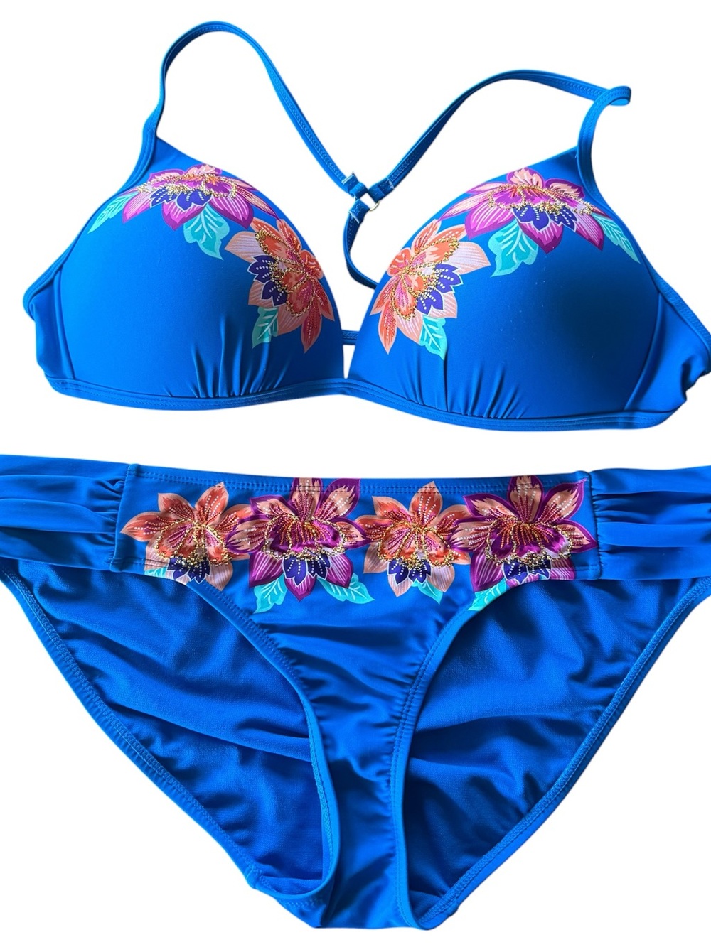 Time and Tru Blue Tropical Floral Embellished Wireless Push Up 2pc Bikini XL